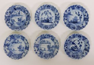Six 18th Century Chinese Export Porcelain Blue & White Saucers Qianlong Periode