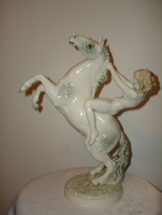 Vintage K.  Tutter Hutschenreuther Porcelain Nude Lady On Rearing Horse 12 1/2 "
