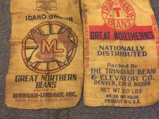 2 - Vintage 100 Pound Burlap Great Northern Beans Sack Bags