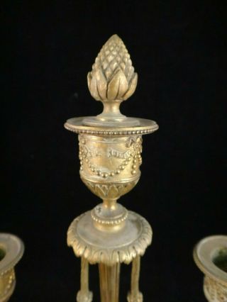Pr.  Antique French Louis XVI Style Gilt Bronze 3 Branch Candelabra.  11 3/8” t. 2