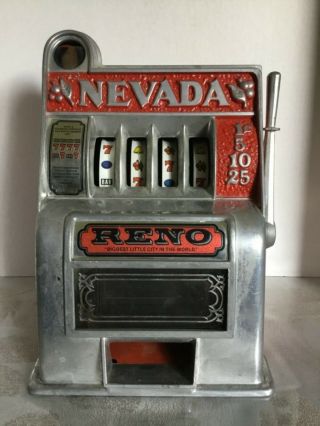 Vintage Reno Nevada Slot Machine Mechanical Bank Tabletop Size Made In Usa