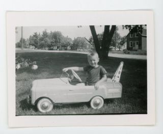 Little Boy In Large Toy Car Automobile Tow Truck Vintage B&w Snapshot Photo