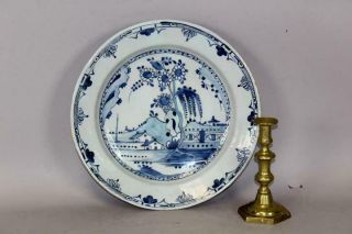 A Great 17th C English Delft Tin Glaze Charger In Blue With Bold Oriental Scene
