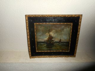 Antique Oil Painting,  - 1890,  { Sailboats On A Wild Sea,  Is Signed,  Frame }.
