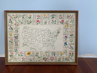 Vintage Paragon Usa State Flower Map Completed Embroidery Embroidered Sampler