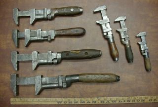 7 Antique Wood Handle Monkey Wrenches,  Coe 