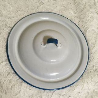 Vintage Enamelware Pan Pot Lid Only White Teal Blue Trim 6 3/4 "