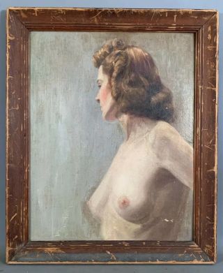 Antique Ca.  1940 Late Art Deco Era Nude Lady Portrait Old Boudoir Oil Painting