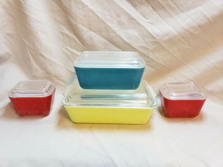 Set Of 4 Pyrex Refrigerator Set Vintage Primary Colors With Lids Red Yellow Blue