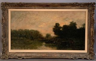 Antique Cows & Old Boat At Waters Edge Figural Pastoral Landscape Oil Painting