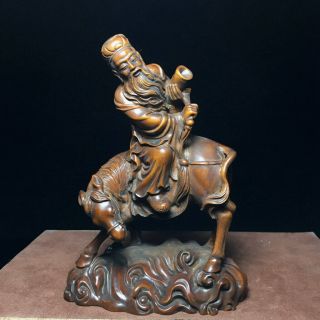 Collectable Antique Decor Boxwood Carved Zhang Guolao Rides Donkey Lovely Statue