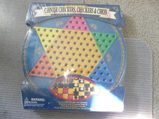 Chinese Checkers / Chess Round Metal Board Game Vintage Cardinal Glass Marble