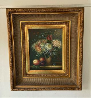 Vintage Floral Fruit Still Life Oil On Canvas Painting In Gold Frame