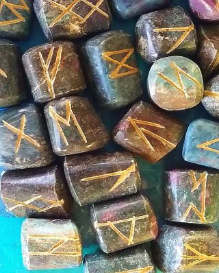 Rare 7 - 8 Oz Ruby Kyanite Crystal Gold Engraved Rune Set,  Elder Futhark Runes