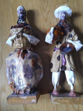 Vintage Hand Crafted Paper Mache Mexican Peasant Statues Folk Art Figurines 13 "