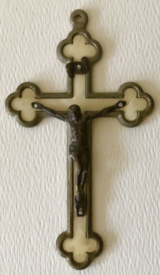 Antique Mother Of Pearl Metal Holy Crucifix Cross Jesus Corpus Religious Pendant