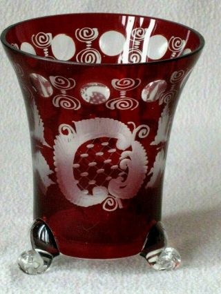 Vtg Egermann Bohemian Czech Ruby Red Etched Glass Footed Bowl Vase