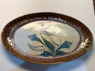 Vtg Tonala Pottery Oval 16 " Platter Blue Bird & Flower Signed Ke {ken Edwards}