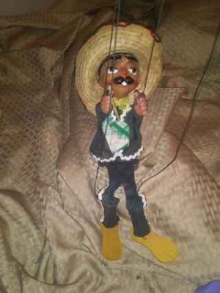 Vintage Marionette Mexican String Puppet Man With Sombrero And Guitar