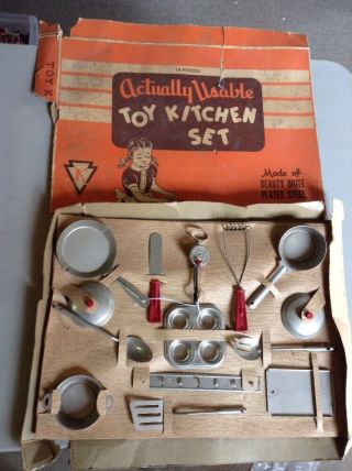 Vintage 1950s Childrens 14pc Cookware Baking Set Egg Beater Aluminum Pot Pan