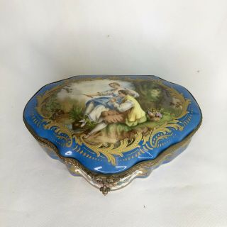 French Antique Sevres Porcelain Hand Painted Jewelry Box/ Dresser Casket