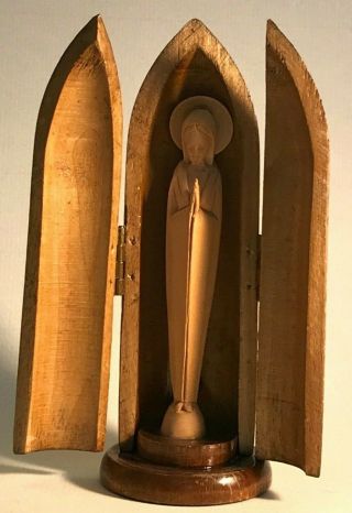 Mid Century Mod Italian Hand Carved Wooden Madonna Virgin Mary Figurine Shrine