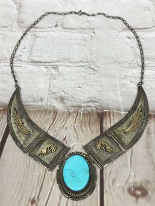 Vtg Navajo Mark Yazzie Sterling Silver Turquoise G.  F.  Signed Necklace 44g