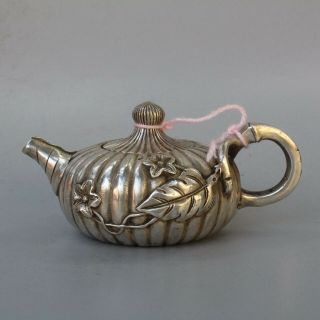 Decor Collectable Handwork Old Miao Silver Carve Pumpkin Flower Lucky Tea Pot