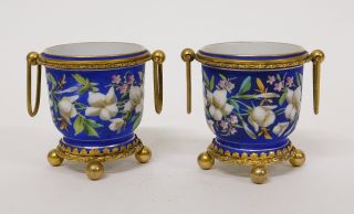 Pair French Antique Porcelain Brass Mounted Paris Porcelain Planters Vases