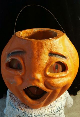 Vtg.  Paper Mache Lg.  Pumpkin W Face Insert/handle - Jack O Lantern