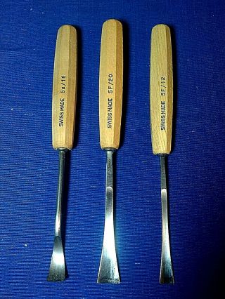 Set Of 3 Swiss Made Wood Carving Tools Chisels Knives,  Vintage