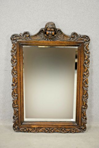 Gorgeous Antique Oak Wood Carved French Mirror With Putti Angel 1935