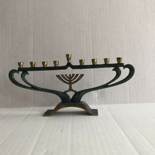 Vintage Green Brass Hanukkah Menorah Made In Israel 3