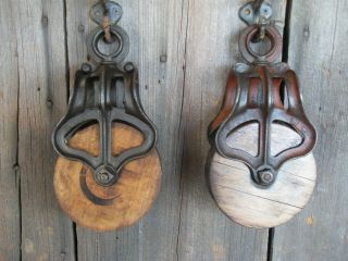 Antique Vintage Cast Iron/ Wood Pulleys Primitive Farm Ornate Rustic Decor