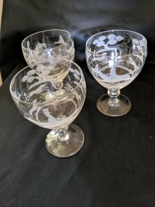 3 Antique 19th Century Hand Blown Glass Etched Goblets Rummers Fox Hunt 1800s