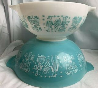 Vintage Pyrex Cinderella Nesting Bowls 444 & 443 Turquoise Amish Butterprint