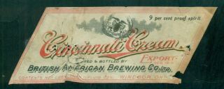 1919 British American Brewing Co. ,  Ltd.  " Cincinnati Cream " Lager Label