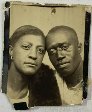 Somber African American Couple In The Photobooth,  Vintage Photo Snapshot