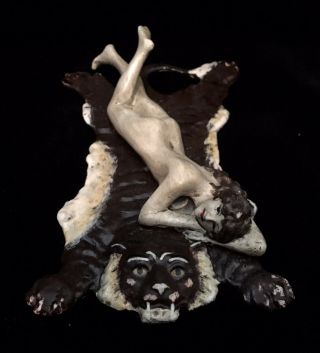 Signed Franz Bergman Nude Namgreb Vienna Bronze Nude Lady On Tiger Rug Nam Greb
