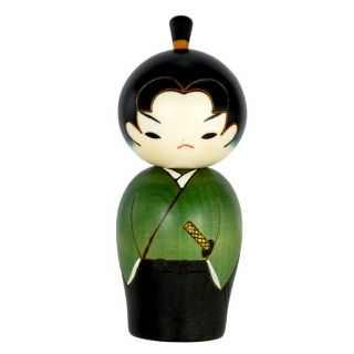 Japanese 5 " H Samurai Kokeshi Wooden Doll Green Kimono /made In Japan