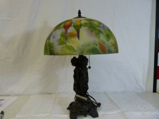 Vintage Reverse Hand Painted Lamp With Glass Shade 22 " Tall,  Double Bulb