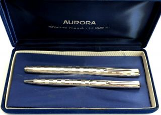 Vintage Rare Aurora 98 Solid 925 Silver Fountain Pen & Ballpoint Pen - Set