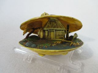 Celluloid Clam Shell Carved Netsuke Style Vintage House River Water Wheel Moves