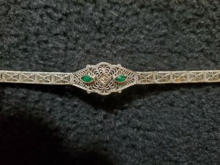 Vintage 14k White Gold Filigree 6.  5 " Bracelet W/ Diamond & Emeralds Eu