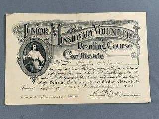 Vintage 1920 Sda Junior Missionary Volunteer Reading Course Certificate