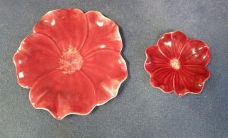 Rare Vintage 1940 1950 Era Hawaiian Red Hibiscus Flower Plates Set Of Two Hawaii