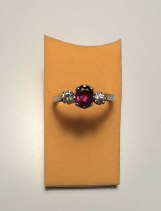 Vintage Ruby And Diamond Three Stone Ring Size O