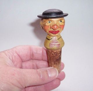 Vintage Anri Carved Wooden Bottle Stopper Cork - Mans Head Wearing Hat Figure