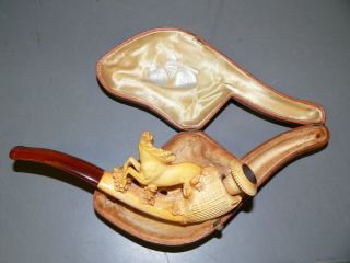 Vintage Meerschaum Pipe Carved Horse And Dog In Fitted Case