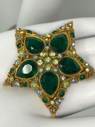 Vintage Signed Coro Blue And Green Crystal Star Brooch